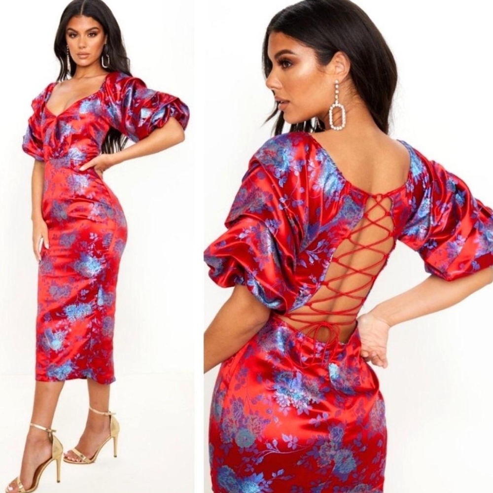 PrettyLittleThing Red & Blue Satin Lace-Up Back Midi Dress